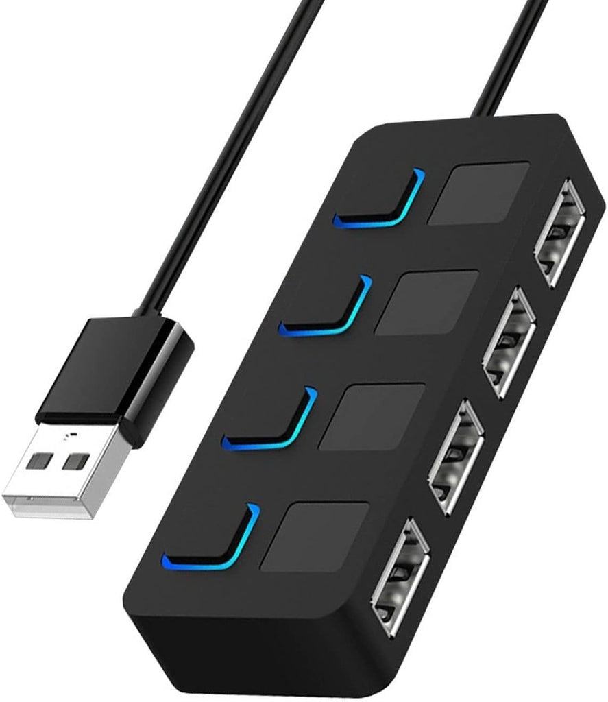 Vranzoral 4-Port USB 2.0 Hub With Individual LED lit Power Switches [Charging NOT supported] For Mac & PC (Black USB 2.0)  VR864#